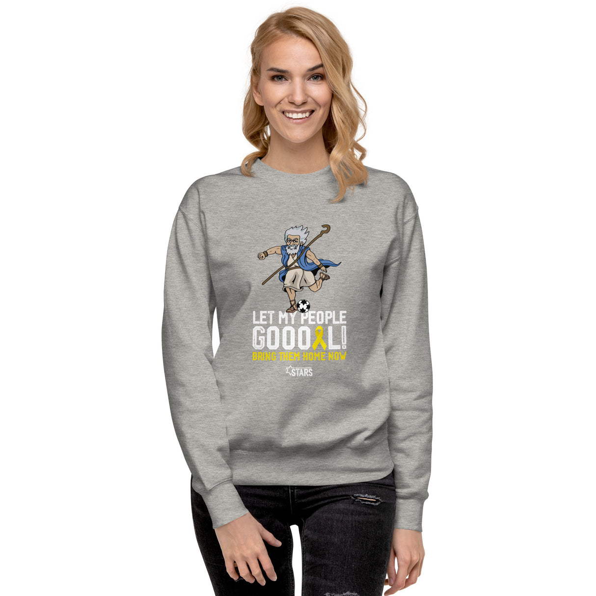 Moses Mascot Let My People GOOOAL Ribbon Unisex Premium Crew Sweatshirt (100% Donation)