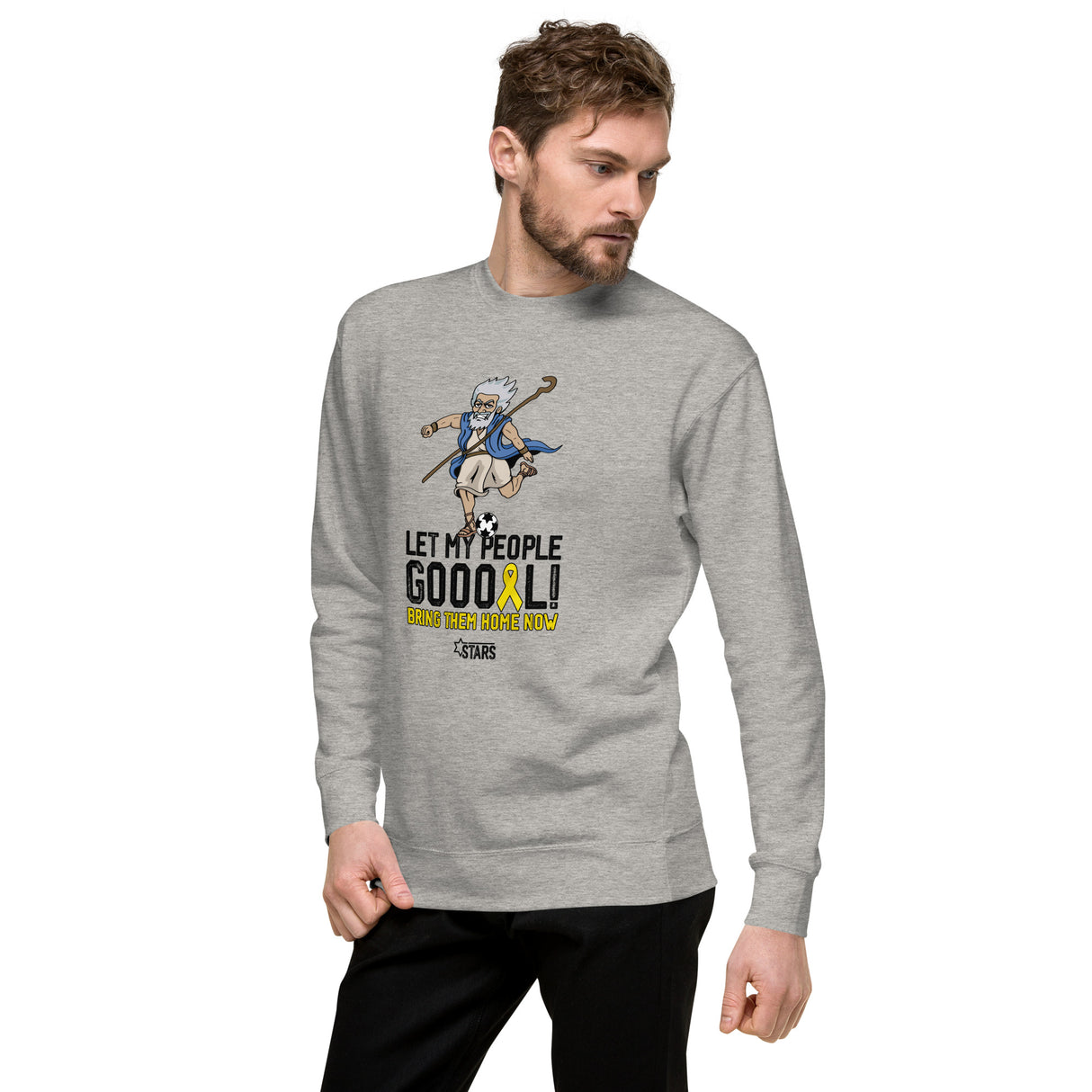 Moses Mascot Let My People GOOOAL Ribbon Unisex Premium Crew Sweatshirt (100% Donation)