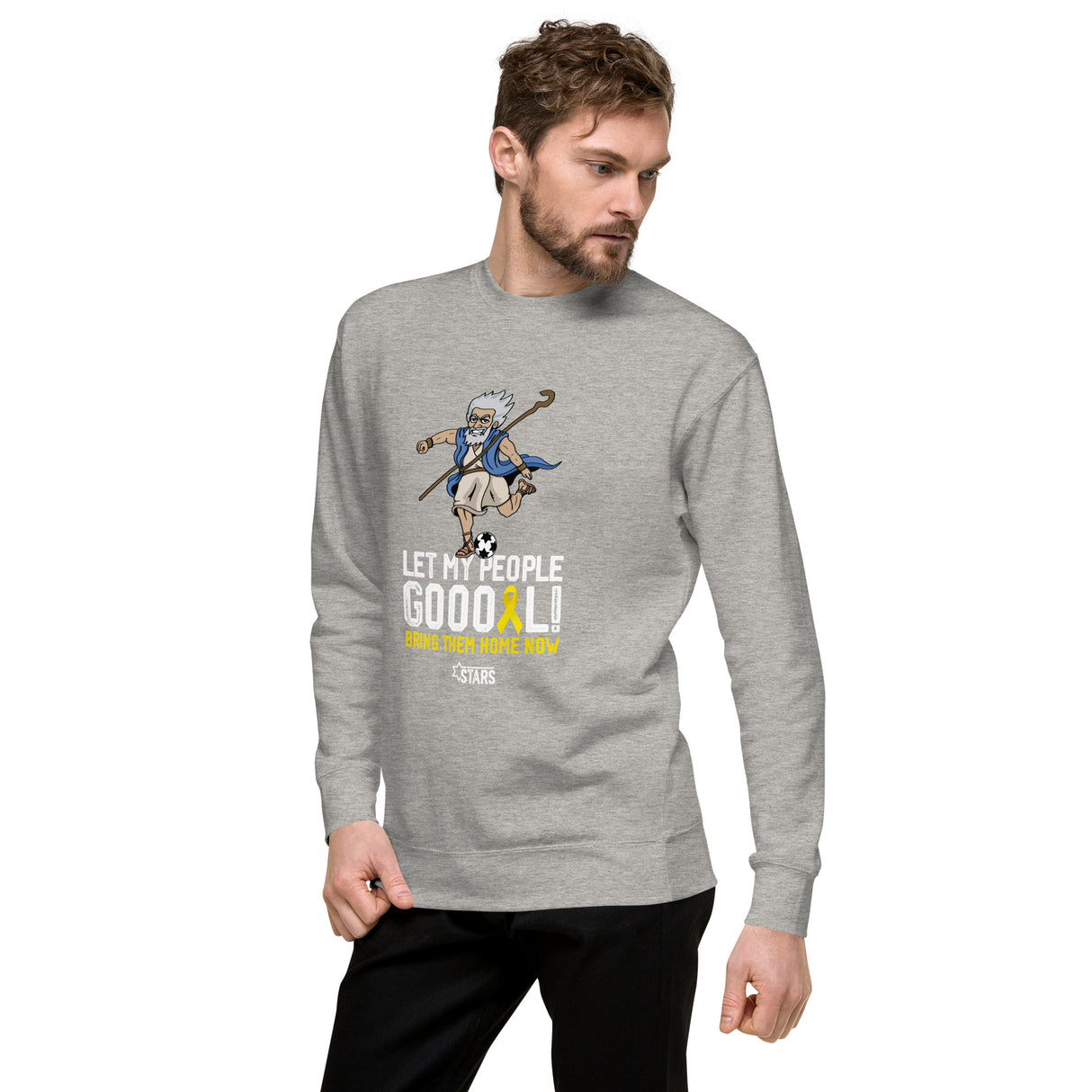 Moses Mascot Let My People GOOOAL Ribbon Unisex Premium Crew Sweatshirt (100% Donation)