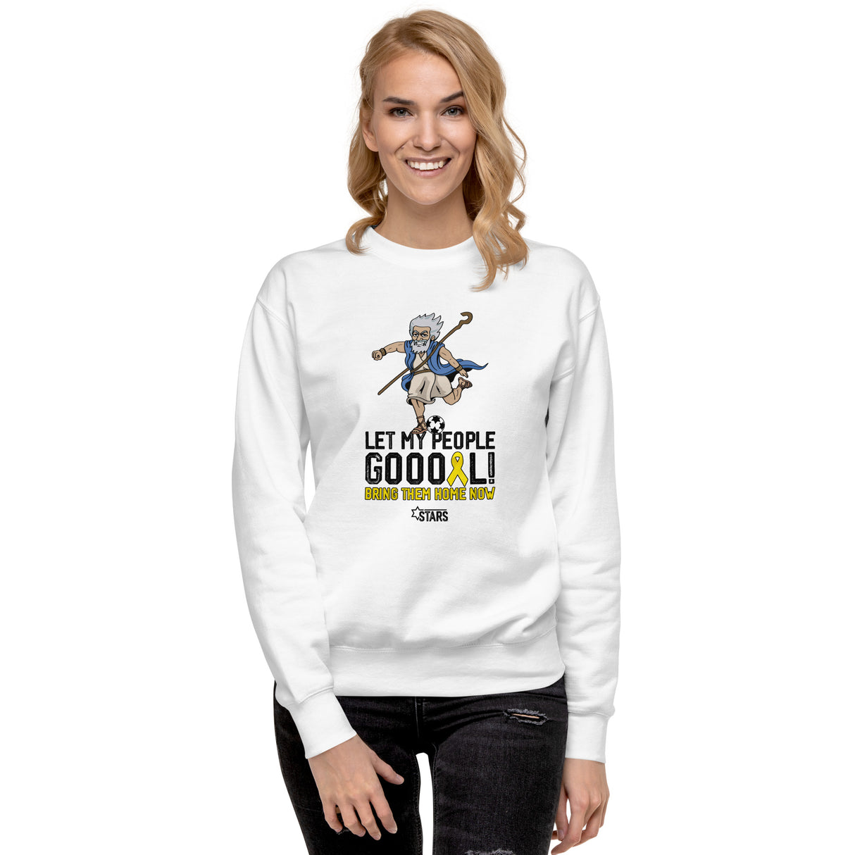 Moses Mascot Let My People GOOOAL Ribbon Unisex Premium Crew Sweatshirt (100% Donation)