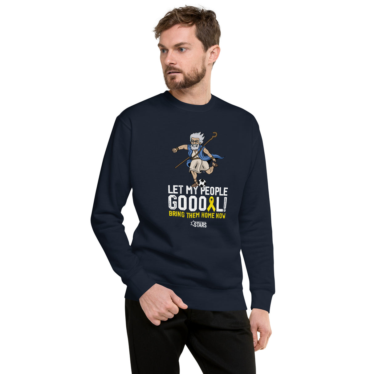 Moses Mascot Let My People GOOOAL Ribbon Unisex Premium Crew Sweatshirt (100% Donation)