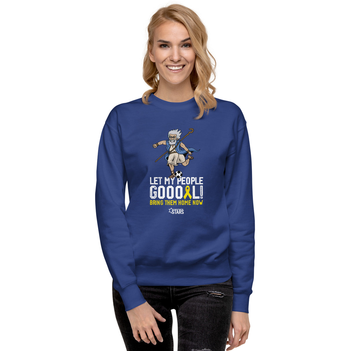 Moses Mascot Let My People GOOOAL Ribbon Unisex Premium Crew Sweatshirt (100% Donation)